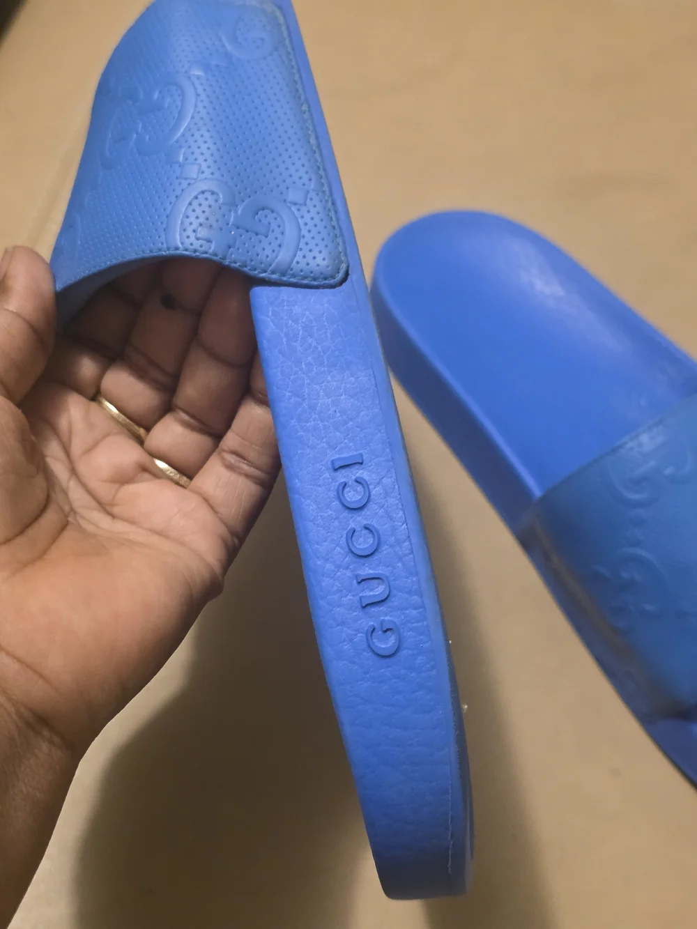 Gucci Bright Blue Rubber Slide Sandals - Women's GG Embossed Strap